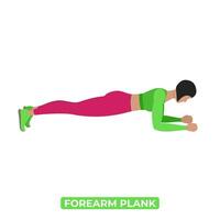 Vektor Frau tun Unterarm Planke. Körpergewicht Fitness Abs und Ader trainieren Übung. ein lehrreich Illustration auf ein Weiß Hintergrund.