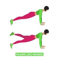 Vektor Frau tun Planke Bein erhöht. Körpergewicht Fitness Beine und Ader trainieren Übung. ein lehrreich Illustration auf ein Weiß Hintergrund.