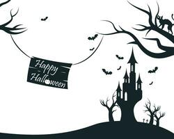 svart och vit skrämmande halloween bakgrund. natt, fladdermöss, slott. design av omslag, gåva låda, hälsning kort hand dragen i tecknad serie stil vektor