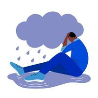 man i depression. olycklig gråt man. afrikansk amerikan ledsen Sammanträde man. moln, regn och mänsklig vektor