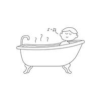 Hand gezeichnet Karikatur Vektor Illustration Junge nimmt ein Bad im das Wanne Symbol im Gekritzel Stil