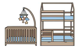Kinder- Betten. Möbel zum ein Kinder- Zimmer. Hand gezeichnet Vektor Illustration im skizzieren Stil. Vektor Illustration