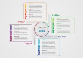 4 fjärdedel tidslinje infografik. grå cirkel väg med riktnings pil i de mitten med text. de yttre flerfärgad ram platser de text i de mitten av de grå lutning bakgrund. vektor