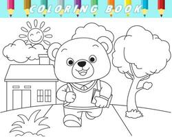 Färbung Buch zum Kinder, süß Bär gehen zu Schule von Zuhause im das Morgen. Vektor Karikatur Illustration