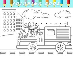 färg bok av söt Björn körning brand lastbil i stad väg. vektor tecknad serie illustration