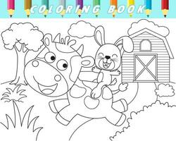 Färbung Buch von komisch Hase Reiten Kuh im Bauernhof Feld. Vektor Karikatur Illustration