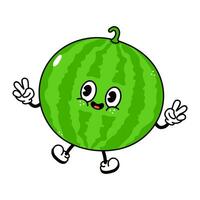 Springen Wassermelone Charakter. Vektor Hand gezeichnet traditionell Karikatur Jahrgang, retro, kawaii Charakter Illustration Symbol. isoliert auf Weiß Hintergrund. Wassermelone springen Charakter Konzept