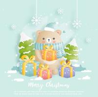 Weihnachtskarte, Feiern mit süßem Bären, der eine Geschenkbox hält vektor