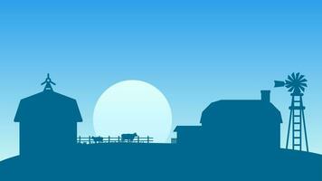 Landschaft Bauernhaus Landschaft Vektor Illustration. Silhouette von Bauernhof Landschaft mit Kuh Vieh, Scheune und Windmühle. ländlich Landwirtschaft Landschaft zum Hintergrund, Hintergrund oder Landung Seite