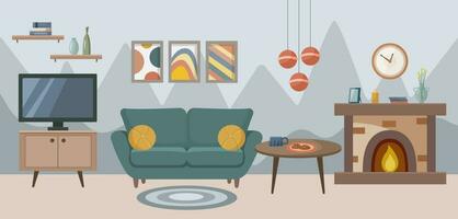 Leben Zimmer Innere mit Sofa, Gemälde, Kaffee Tisch, Kamin, Fernseher. Leben Zimmer. Zuhause Möbel. Vektor Illustration im eben Stil.