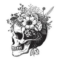 Schädel mit Blumen auf Kopf skizzieren Hand gezeichnet im Gekritzel Stil Vektor Illustration