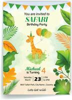 safari födelsedag hälsning kort med söt djur, blad och ballong. rolig djungel fest. vektor illustration.