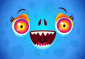 Vektor süß Gesicht von ein Blau Monster- zum Halloween Maske. kawaii Gesicht von Drachen mit rot Augen zum Halloween Kostüm. komisch Zombie Gesicht.