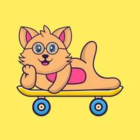 süße Katze, die auf einem Skateboard liegt. vektor