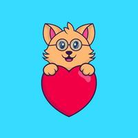 söt katt som håller ett stort rött hjärta. vektor