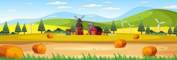 Bauernhofpanoramalandschaftsszene mit Scheune und Windmühle vektor