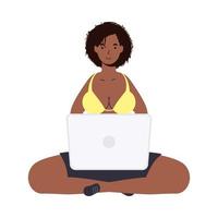 Mädchenkarikatur mit Bikini- und Laptopvektordesign vektor