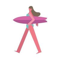 ung kvinna som bär baddräkt som går med surfbrädekaraktär vektor