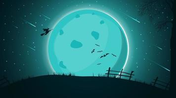 Halloween-Hintergrund, Nachtlandschaft mit großem Vollmond, Sternenhimmel mit schönem Sternenfall und Hexensilhouette, die über den Hügel fliegt. vektor