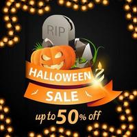 Halloween Sale und Rabattwoche, Rabattbanner mit orangem Band, bis zu 50 Rabatt, Band mit Grabstein und Kürbis Jack vektor