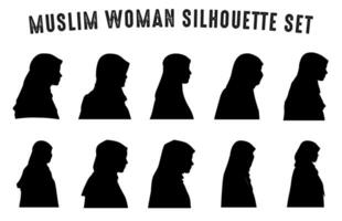 uppsättning av muslim kvinna i hijab silhuett vektor, muslim kvinna ansikte profil svart silhuetter vektor