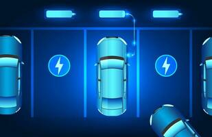 elektrisk fordon teknologi den där användningar elektricitet till kör de batterier på de elektrisk fordon laddning station är rena energi och också hjälper minska global uppvärmning. vektor