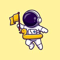 Astronaut bringen Flagge und schwebend mit Ente Reifen Karikatur Vektor Symbol Illustration. Technologie Urlaub Symbol Konzept isoliert Prämie Vektor. eben Karikatur Stil