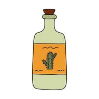 einfach Hand gezeichnet Gekritzel mit Gliederung von Tequila Flasche mit Kaktus Etikett. traditionell Mexikaner Alkohol trinken Symbol im bunt Stil. Party Getränke und Spirituosen Clip Art isoliert auf Weiß Hintergrund. vektor
