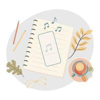 Smartphone spielen Musik. brechen Zeit. gemütlich Herbst Arbeiten Tage Konzept. vektor