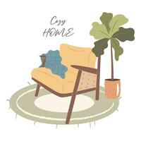 gemütlich Zuhause Konzept. Sessel mit Buch und Pflanze. vektor