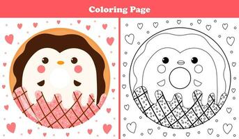 tryckbar färg sida för barn med ljuv pingvin form munk med glasyr och choklad i tecknad serie stil, spel för barn böcker vektor