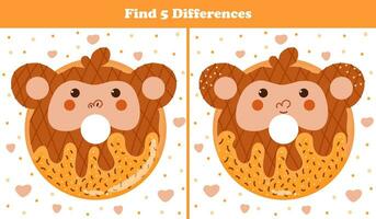 pedagogisk hitta fem skillnader pussel för barn med söt djur- munk - apa sötsaker i tecknad serie stil, tryckbar spel för barn böcker vektor
