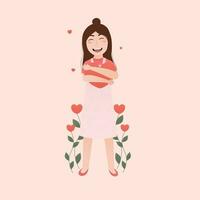 selbst Pflege und Liebe Konzept mit süß Mädchen halten Herz und Liebe Blumen auf Rosa Hintergrund im Karikatur Stil zum Plakate vektor