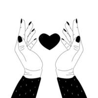 Frau Hände halten Herz im minimalistisch linear Stil zum Nächstenliebe oder Valentinstag Aufkleber oder tätowieren auf Weiß Hintergrund vektor