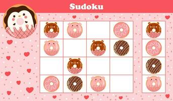 druckbar Sudoku Arbeitsblatt zum Kinder mit süß Tier Donuts mit Pinguin, Schwein und tragen, Puzzle zum Kinder Buch im Karikatur Stil vektor