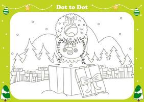 süß Winter Ferien thematisch Punkt zu Punkt Spiel zum Kinder mit Schneemann Charakter Sitzung im Geschenk Box mit Weihnachten Kranz vektor