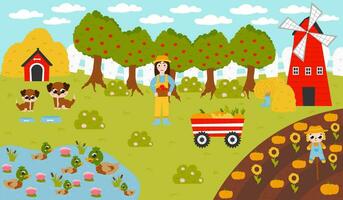 druckbar Bauernhof Poster mit windmll und Heuhaufen, Mädchen Farmer halten Korb mit Äpfel, Teich mit Enten und Hunde vektor
