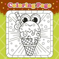 Sommer- Süßigkeiten thematisch Färbung Seite zum Kinder mit kawaii Tier Charakter Frosch geformt Eis Sahne vektor