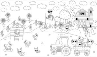 druckbar schwarz und Weiß Färbung Seite mit Farmer Junge graben und Traktor mit Tiere, Scheune und Hühnerstall vektor