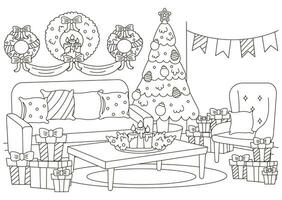 Weihnachten Innen- Innere von Leben Zimmer mit Weihnachten Baum, Tabelle und Urlaub Kranz Färbung Seite vektor