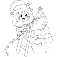 süß Färbung Seite mit kawaii Weihnachten Charakter Yeti im Elf Kostüm dekorieren Weihnachten Baum mit Girlande vektor