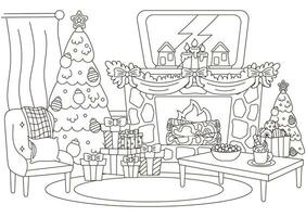 jul inomhus- interiör av levande rum med jul träd, tabell och öppen spis vektor