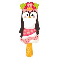 lecker kawaii Pinguin geformt Eis Sahne auf Stock mit Erdbeere Karikatur zum Sommer- vektor