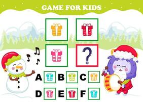 tryckbar jul tema spel för barn med yeti karaktär och snögubbe klädd som älva och sång julsånger vektor