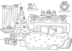 jul inomhus- interiör av sovrum med jul träd och dekorationer, vektor