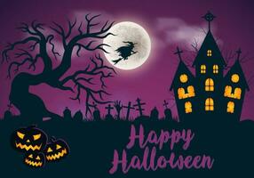 Lycklig halloween måne natt bakgrund med lila violett dimma pumpa och mörk jagade slott vektor