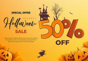 glücklich Halloween Verkauf Banner Hintergrund mit verfolgt Haus realistisch Kürbisse und Illustration von Text 50 vektor