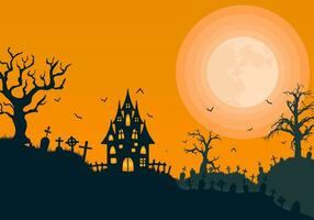 halloween baner eller inbjudan kort bakgrund med kuslig natt landskap av gammal kyrkogård och förtrollad hus vektor