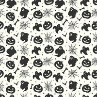 schwarz und Weiß nahtlos Halloween Muster Hintergrund mit Geister Schädel Fledermäuse Kürbisse und Spinnennetze vektor