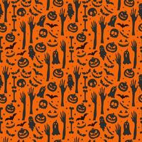 glücklich Halloween nahtlos Muster Hintergrund Design mit Kürbisse fliegend Fledermäuse unheimlich Gesicht Geist und Schädel vektor